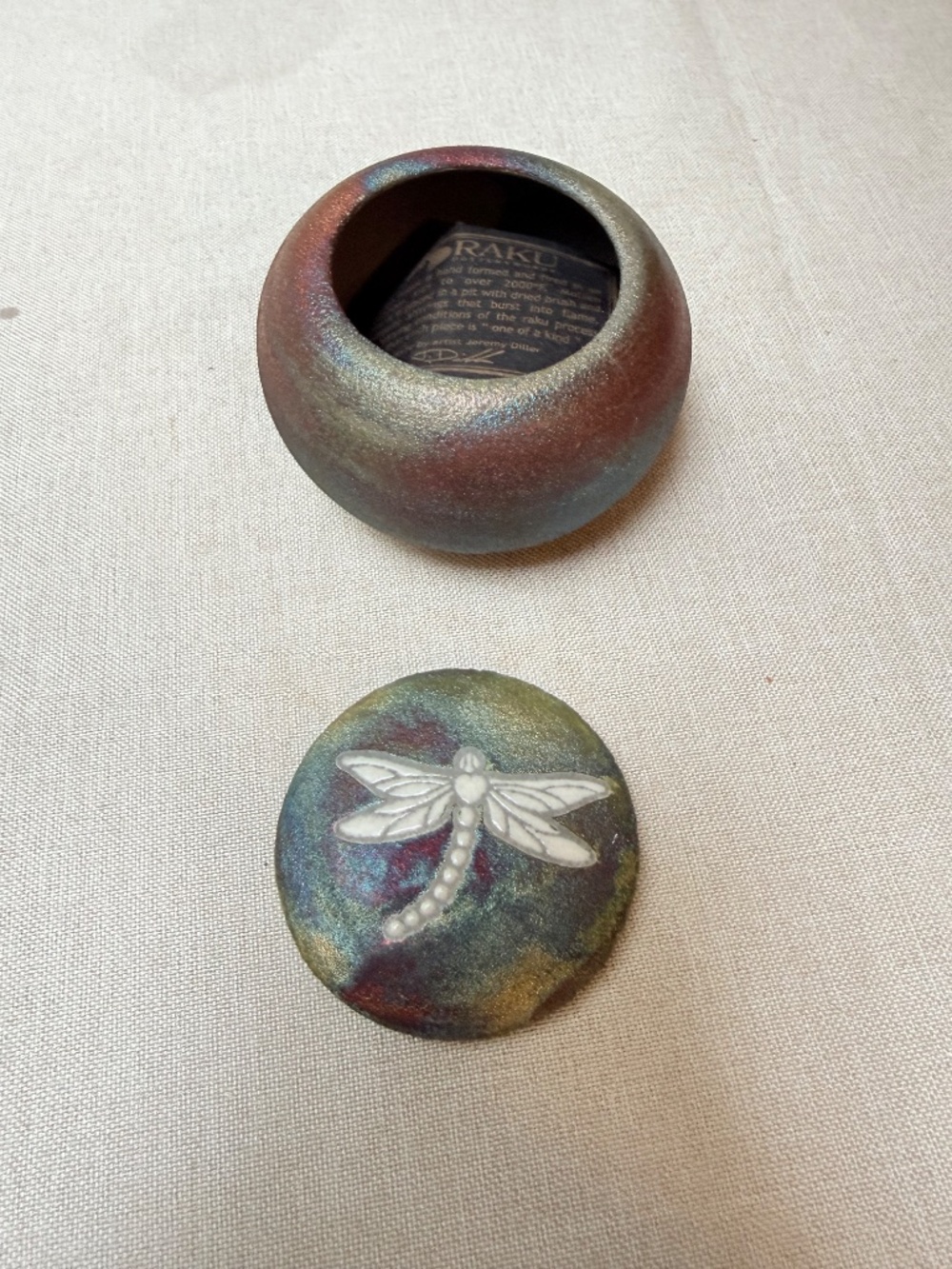 Raku Pottery Dragonfly Dream Catcher Jar Signed Jeremy Dillon With Insert - Picture 6 of 13